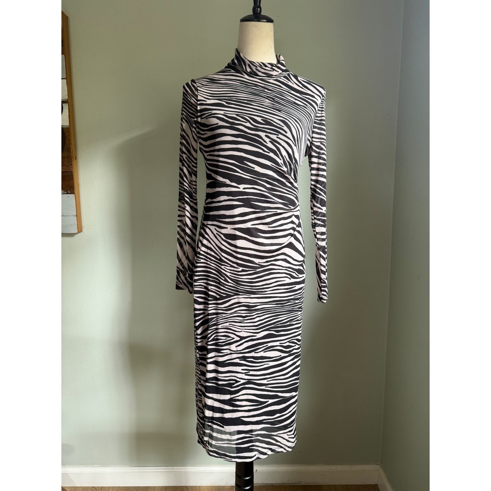 Zebra Print Mock Neck Ruched Long Sleeve Midi Dress Small Black y2k glam party